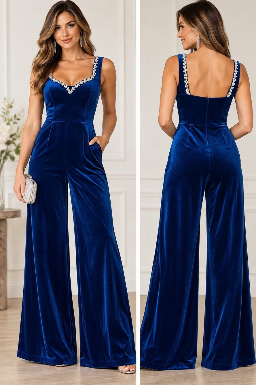 NWT Bebe Blue Velvet Crystal Embellished Wide Leg Jumpsuit Size 4 $179